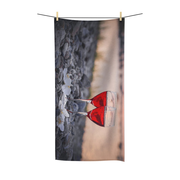 Luxury Beach Towel for Summer, Soft & Absorbent Quick-Dry Cotton Towel for Beach, Pool, Spa, or Everyday Comfort, Lightweight & Stylish Towel - Two Red Glasses Sunset Design