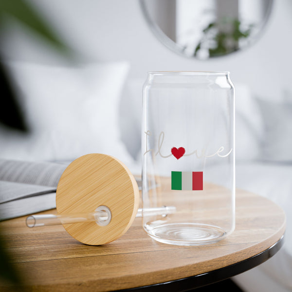 Elegant Durable 16oz Glass Sipper Tumbler, BPA-Free Clear Glass with Optional Eco Lid and Straw, Ideal Drinkware Gift for Cocktail, Juices, Wine, Ice Coffee and Iced Tea. I love Italy Flag Design