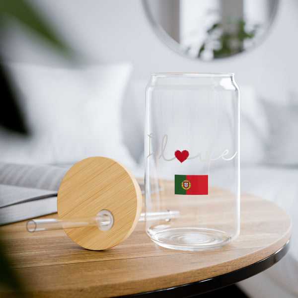 Elegant Durable 16oz Glass Sipper Tumbler, BPA-Free Clear Glass with Optional Eco Lid and Straw, Ideal Drinkware Gift for Cocktail, Juices, Wine, Ice Coffee and Iced Tea. I love Portugal Flag Design
