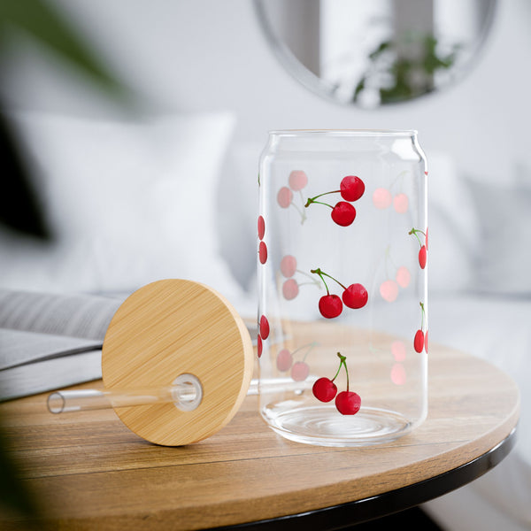 Elegant and Durable 16oz Glass Sipper Tumbler, BPA-Free Clear Glass with Optional Eco Lid and Straw, Ideal Drinkware Gift for Cocktail, Juices, Wine, Ice Coffee and Iced Tea. cherries Design