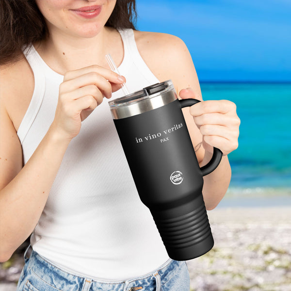 Premium Durable 40 oz (1.18 L) Insulated Stainless Steel Tumbler, Secure Straw Lid, Thermal travel Tumbler, BPA‑Free Straw Lid, Double Wall Hot & Cold, in vino veritas