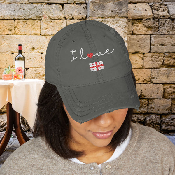 Vintage Distressed Georgia Cap for Men & Women, Premium 100% Cotton Twill, Breathable, Preshrunk Adjustable Low-Profile Fit hat, Baseball Cap, Embroidered I love Georgia Flag Design