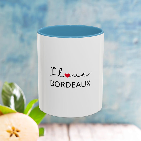 Stylish Ceramic Mug with Colored Handle, Funny Gift Mug, Tea Cup, Coffee Cup, 11oz & 15oz Sizes, Glossy Cup, BPA-Free Gift Mug Design - I love boreaux Design