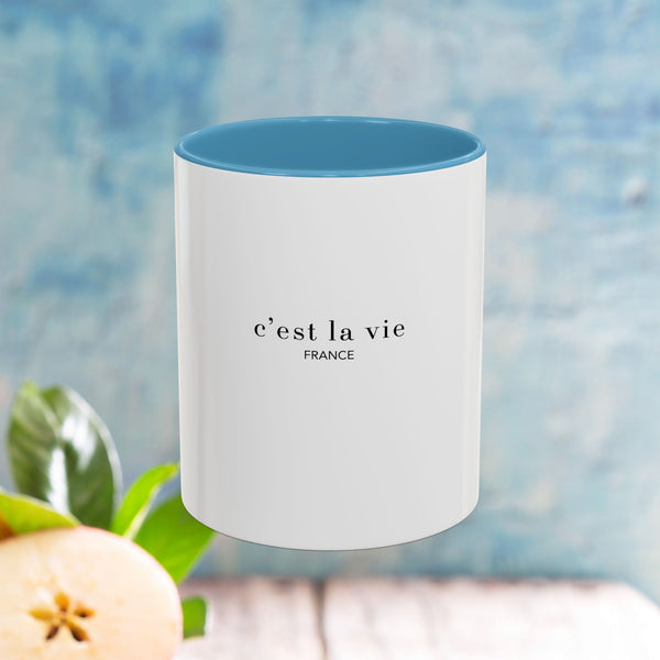 Stylish Ceramic Mug with Colored Handle, Funny Gift Mug, Tea Cup, Coffee Cup, 11oz & 15oz Sizes, Glossy Cup, BPA-Free Gift Mug Design - C'est la vie small Design