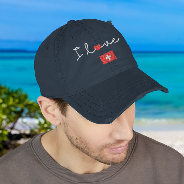 Vintage Distressed Switzerland Cap for Men & Women, Premium 100% Cotton Twill, Breathable, Preshrunk Adjustable Low-Profile Fit hat, Baseball Cap, Embroidered I love Switzerland Design