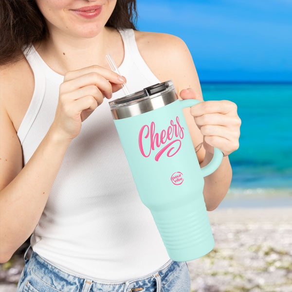 Premium Durable 40 oz (1.18 L) Insulated Stainless Steel Tumbler, Secure Straw Lid, Thermal travel Tumbler, BPA‑Free Straw Lid, Double Wall Hot & Cold, Cheers Pink PourVibe