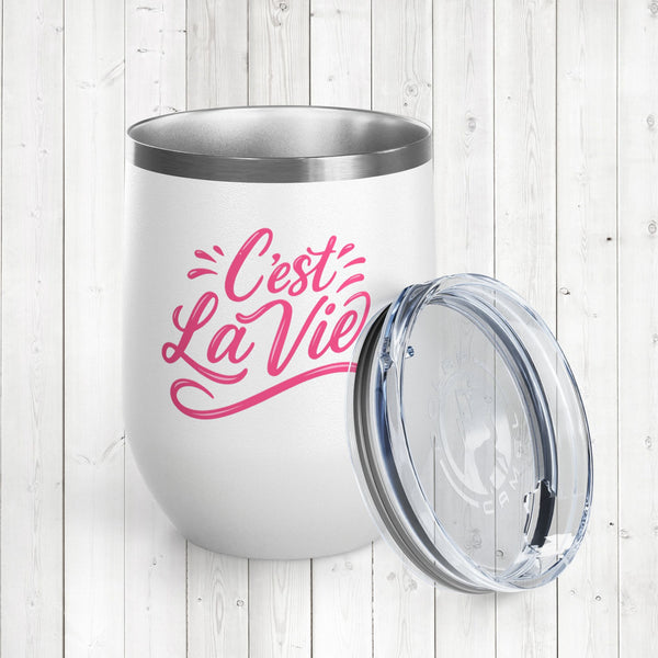 Stylish Insulated Wine Tumbler Cup, Durable Stainless Steel Travel Mug with Lid, Double Wall for Hot or Cold Drinks, Perfect for Wine, Cocktails or Coffee and More, c"est la vie france