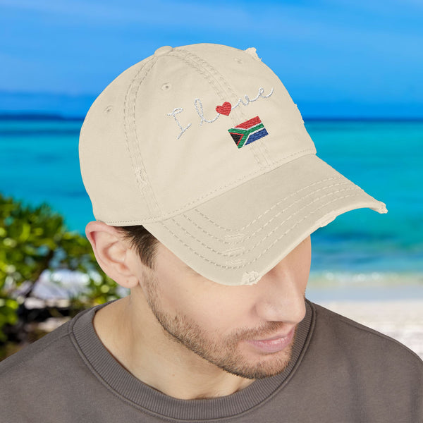 Vintage Distressed South Africa Cap for Men & Women, Premium 100% Cotton Twill, Breathable, Preshrunk Adjustable Low-Profile Fit hat, Baseball Cap, Embroidered I love South Africa Flag Design