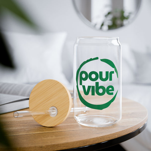 Elegant and Durable 16oz Glass Sipper Tumbler, BPA-Free Clear Glass with Optional Eco Lid and Straw, Ideal Drinkware Gift for Cocktail, Juices, Wine, Ice Coffee and Iced Tea. PourVibe Green Design