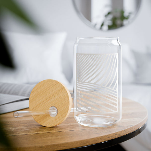 Elegant and Durable 16oz Glass Sipper Tumbler, BPA-Free Clear Glass with Optional Eco Lid and Straw, Ideal Drinkware Gift for Cocktail, Juices, Wine, Ice Coffee and Iced Tea. winery abstract blue Design