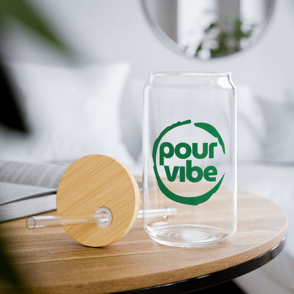 Elegant and Durable 16oz Glass Sipper Tumbler, BPA-Free Clear Glass with Optional Eco Lid and Straw, Ideal Drinkware Gift for Cocktail, Juices, Wine, Ice Coffee and Iced Tea. Green PourVibe