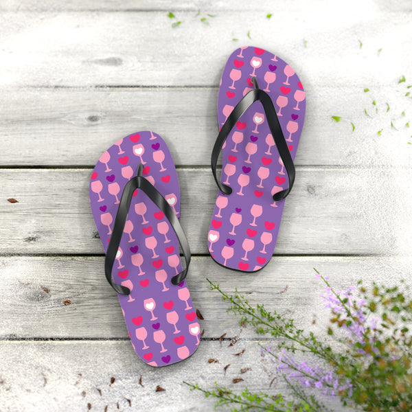 Stylish & durable flip flops for pool & beach, easy fit sandals for men & women, soft & comfortable foot sandals for everyday use - glass hearts purple design