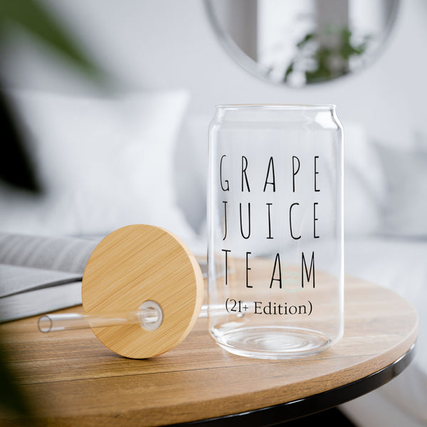 Elegant and Durable 16oz Glass Sipper Tumbler, BPA-Free Clear Glass with Optional Eco Lid and Straw, Ideal Drinkware Gift for Cocktail, Juices, Wine, Ice Coffee and Iced Tea. Grape Juice Team 21+ PourVibe 2