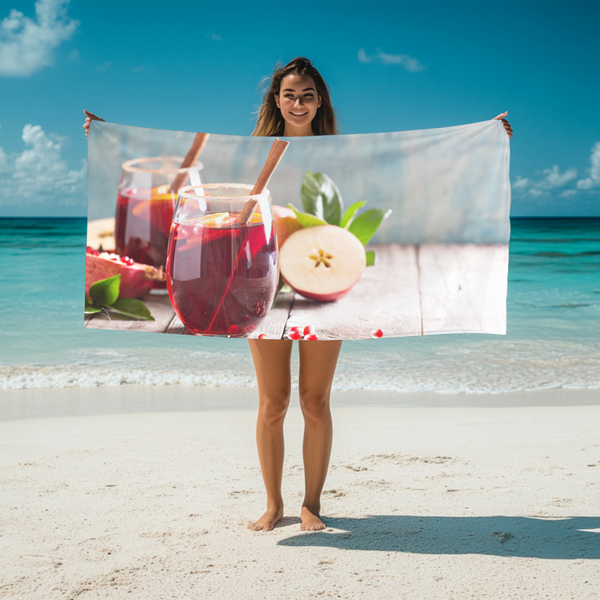 Luxury Beach Towel for Summer, Soft & Absorbent Quick-Dry Cotton Towel for Beach, Pool, Spa, or Everyday Comfort, Lightweight & Stylish Towel - Sangria Glasses Design