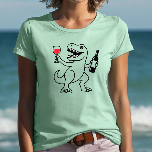Premium T-Shirt for Women, Funny Design, Cute Stylish love Tee, Joke Graphic Shirt, Saying, Shirt Sarcastic Gift - Dinosaur glass bottle wine