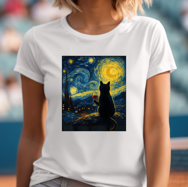 Premium T-Shirt for Women, Van Gogh  Design, Cat Stylish Tee, The Starry Night  Graphic Tee, Wine Cat Shirt, Tee Gift