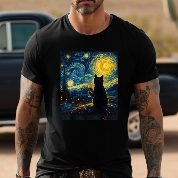 Premium T-Shirt for Men, Van Gogh  Design, Cat Stylish Tee, The Starry Night  Graphic Tee, Wine Cat Shirt, Tee Gift