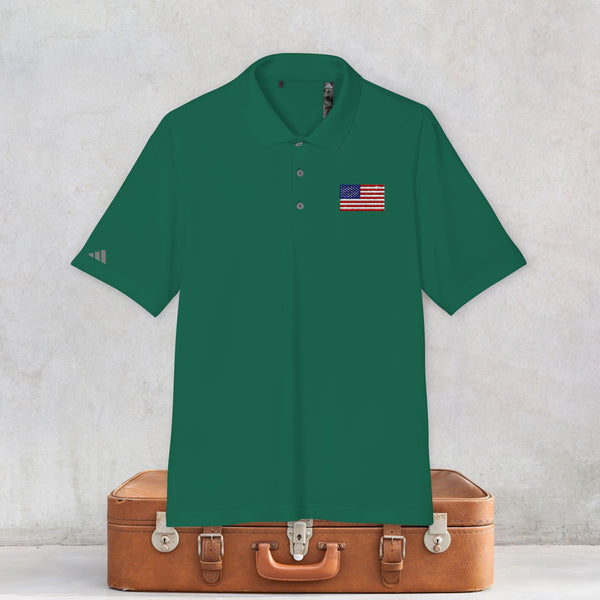 Adidas® Unisex Performance Polo Shirt, Stylish, Cool & Quick-Dry Comfort, UPF 50+ Sun Protection, Golf Polo, USA Flag Design Embroidery