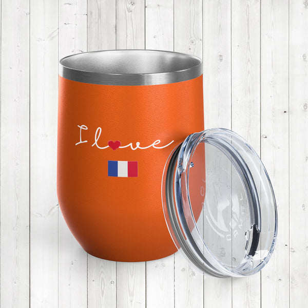 Stylish Insulated Wine Tumbler Cup, Durable Stainless Steel Travel Mug with Lid, Double Wall for Hot or Cold Drinks, Perfect for Wine, Cocktails or Coffee and More, I love France