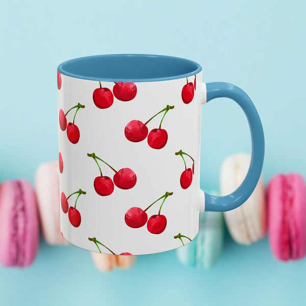 Stylish Ceramic Mug with Colored Handle, Funny Gift Mug, Tea Cup, Coffee Cup, 11oz & 15oz Sizes, Glossy Cup, BPA-Free Gift Mug Design - Cherries Design