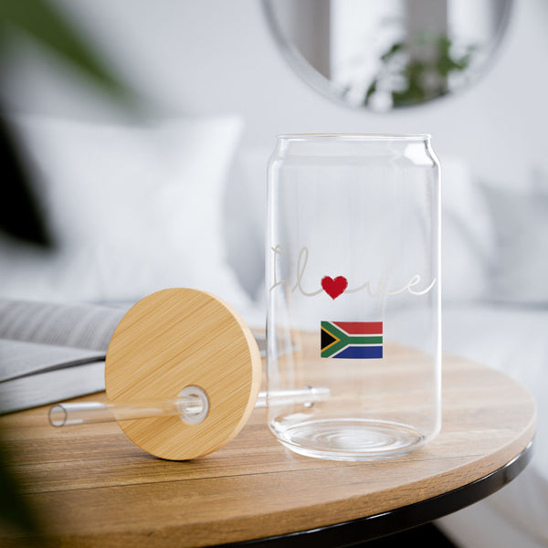 Elegant Durable 16oz Glass Sipper Tumbler, BPA-Free Clear Glass with Optional Eco Lid and Straw, Ideal Drinkware Gift for Cocktail, Juices, Wine, Ice Coffee and Iced Tea. I love South Africa Flag Design