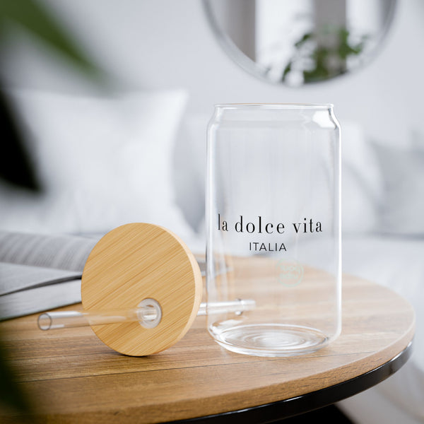 Elegant and Durable 16oz Glass Sipper Tumbler, BPA-Free Clear Glass with Optional Eco Lid and Straw, Ideal Drinkware Gift for Cocktail, Juices, Wine, Ice Coffee and Iced Tea. La dolce vita italy Design