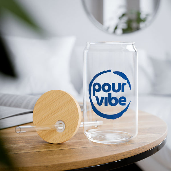 Elegant and Durable 16oz Glass Sipper Tumbler, BPA-Free Clear Glass with Optional Eco Lid and Straw, Ideal Drinkware Gift for Cocktail, Juices, Wine, Ice Coffee and Iced Tea. Blue PourVibe