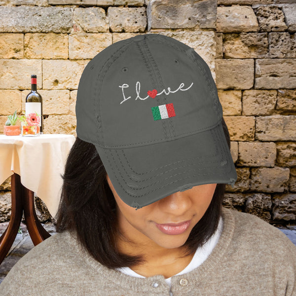 Vintage Distressed Italy Cap for Men & Women, Premium 100% Cotton Twill, Breathable, Preshrunk Adjustable Low-Profile Fit hat, Baseball Cap, Embroidered I love Italy FlagDesign