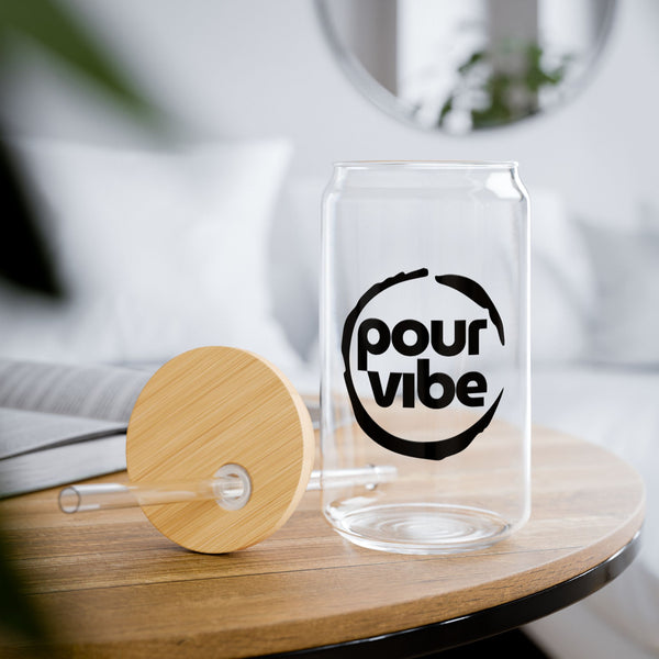 Elegant and Durable 16oz Glass Sipper Tumbler, BPA-Free Clear Glass with Optional Eco Lid and Straw, Ideal Drinkware Gift for Cocktail, Juices, Wine, Ice Coffee and Iced Tea. Black PourVibe