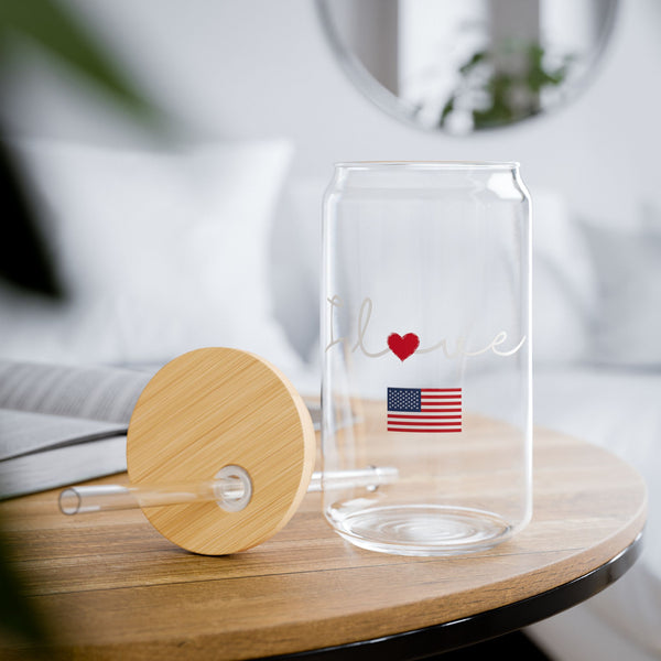 Elegant Durable 16oz Glass Sipper Tumbler, BPA-Free Clear Glass with Optional Eco Lid and Straw, Ideal Drinkware Gift for Cocktail, Juices, Wine, Ice Coffee and Iced Tea. I love USA Flag Design