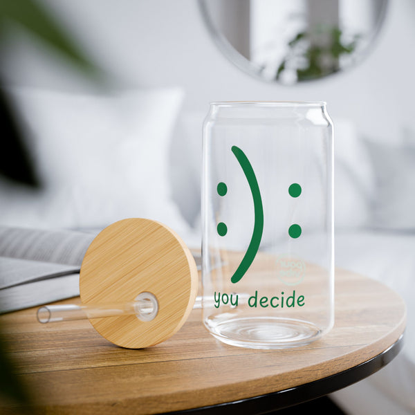 Elegant and Durable 16oz Glass Sipper Tumbler, BPA-Free Clear Glass with Optional Eco Lid and Straw, Ideal Drinkware Gift for Cocktail, Juices, Wine, Ice Coffee and Iced Tea. PourVibe You decide green Design
