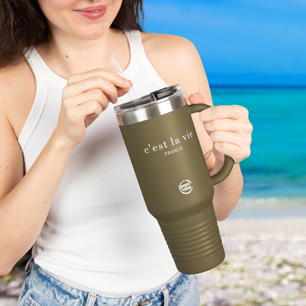 Premium Durable 40 oz (1.18 L) Insulated Stainless Steel Tumbler, Secure Straw Lid, Thermal travel Tumbler, BPA‑Free Straw Lid, Double Wall Hot & Cold, mug - c'est la vie2