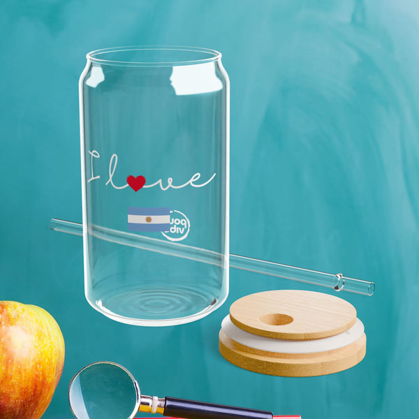 Elegant Durable 16oz Glass Sipper Tumbler, BPA-Free Clear Glass with Optional Eco Lid and Straw, Ideal Drinkware Gift for Cocktail, Juices, Wine, Ice Coffee and Iced Tea. I love Argentina Flag Pourvibe