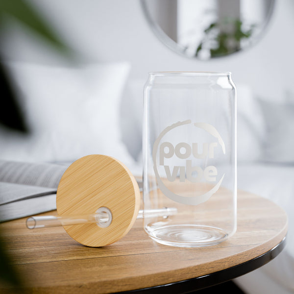 Elegant and Durable 16oz Glass Sipper Tumbler, BPA-Free Clear Glass with Optional Eco Lid and Straw, Ideal Drinkware Gift for Cocktail, Juices, Wine, Ice Coffee and Iced Tea. White PourVibe