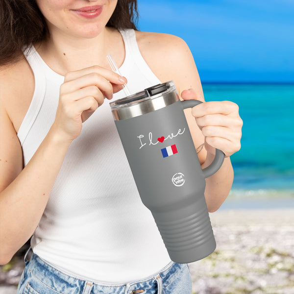 Premium Durable 40 oz (1.18 L) Insulated Stainless Steel Tumbler, Secure Straw Lid, Thermal travel Tumbler, BPA‑Free Straw Lid, Double Wall Hot & Cold, I love France Design