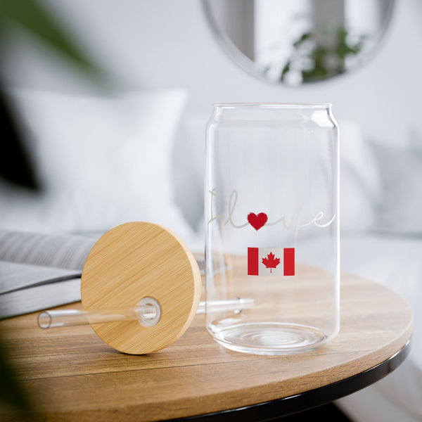 Elegant Durable 16oz Glass Sipper Tumbler, BPA-Free Clear Glass with Optional Eco Lid and Straw, Ideal Drinkware Gift for Cocktail, Juices, Wine, Ice Coffee and Iced Tea. I love Canada Flag Design