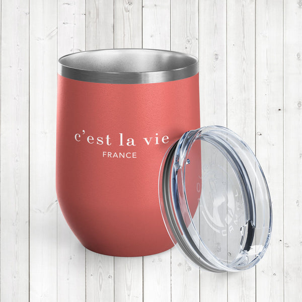 Stylish Insulated Wine Tumbler Cup, Durable Stainless Steel Travel Mug with Lid, Double Wall for Hot or Cold Drinks, Perfect for Wine, Cocktails or Coffee and More, c'est la vie