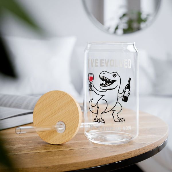 Elegant and Durable 16oz Glass Sipper Tumbler, BPA-Free Clear Glass with Optional Eco Lid and Straw, Ideal Drinkware Gift for Cocktail, Juices, Wine, Ice Coffee and Iced Tea. I've evolved Dionsaur W PourVibe