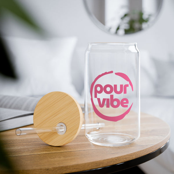 Elegant and Durable 16oz Glass Sipper Tumbler, BPA-Free Clear Glass with Optional Eco Lid and Straw, Ideal Drinkware Gift for Cocktail, Juices, Wine, Ice Coffee and Iced Tea. Pink PourVibe