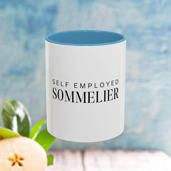 Stylish Ceramic Mug with Colored Handle, Funny Gift Mug, Tea Cup, Coffee Cup, 11oz & 15oz Sizes, Glossy Cup, BPA-Free Gift Mug Design - Self Employed Sommelier Design