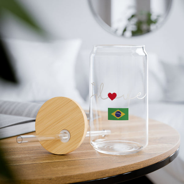Elegant Durable 16oz Glass Sipper Tumbler, BPA-Free Clear Glass with Optional Eco Lid and Straw, Ideal Drinkware Gift for Cocktail, Juices, Wine, Ice Coffee and Iced Tea. I love Brazil Flag Design