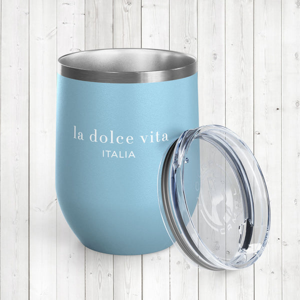 Stylish Insulated Wine Tumbler Cup, Durable Stainless Steel Travel Mug with Lid, Double Wall for Hot or Cold Drinks, Perfect for Wine, Cocktails or Coffee and More, la dolce vita