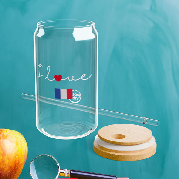 Elegant Durable 16oz Glass Sipper Tumbler, BPA-Free Clear Glass with Optional Eco Lid and Straw, Ideal Drinkware Gift for Cocktail, Juices, Wine, Ice Coffee and Iced Tea. I love France Flag PourVibe