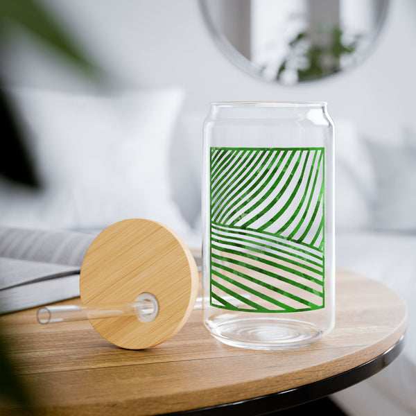 Elegant and Durable 16oz Glass Sipper Tumbler, BPA-Free Clear Glass with Optional Eco Lid and Straw, Ideal Drinkware Gift for Cocktail, Juices, Wine, Ice Coffee and Iced Tea. winery abstract green Design