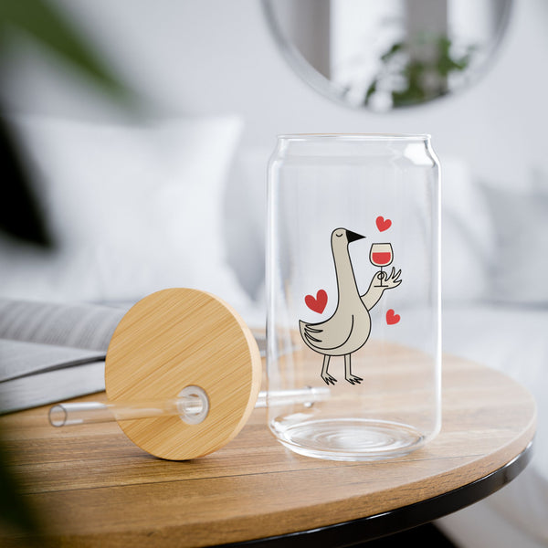 Elegant and Durable 16oz Glass Sipper Tumbler, BPA-Free Clear Glass with Optional Eco Lid and Straw, Ideal Drinkware Gift for Cocktail, Juices, Wine, Ice Coffee and Iced Tea. Duck hearts Design