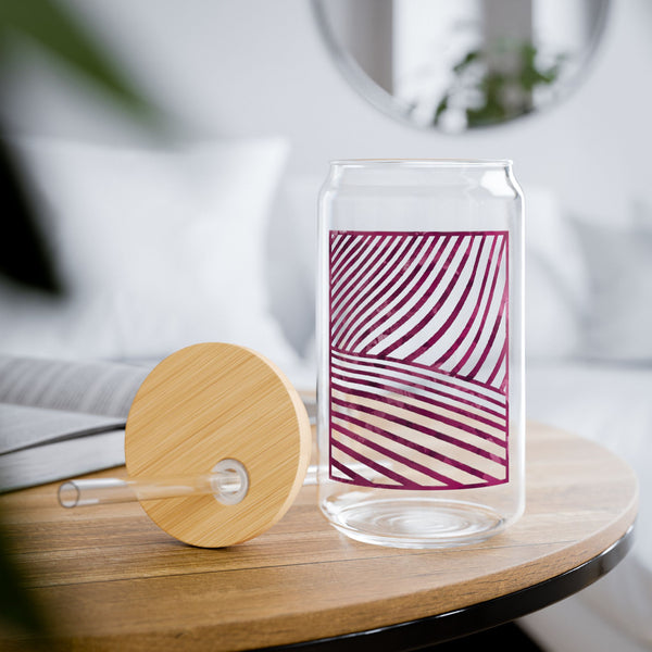 Elegant and Durable 16oz Glass Sipper Tumbler, BPA-Free Clear Glass with Optional Eco Lid and Straw, Ideal Drinkware Gift for Cocktail, Juices, Wine, Ice Coffee and Iced Tea. winery abstract red Design